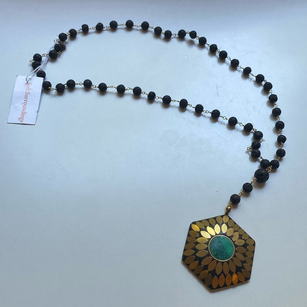 Soft Surroundings Maj Necklace Malachite Hexagon Pendant Statement Medallion